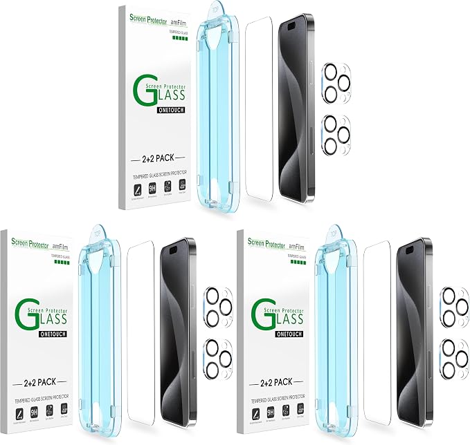 amFilm OneTouch 2+6 Pack Compatible with iPhone 15 Pro Screen Protector 6.1" Tempered Glass with Camera Lens Protector Accessories, Premium Easiest Installation Kit 9H HD, Case Friendly by amFilm