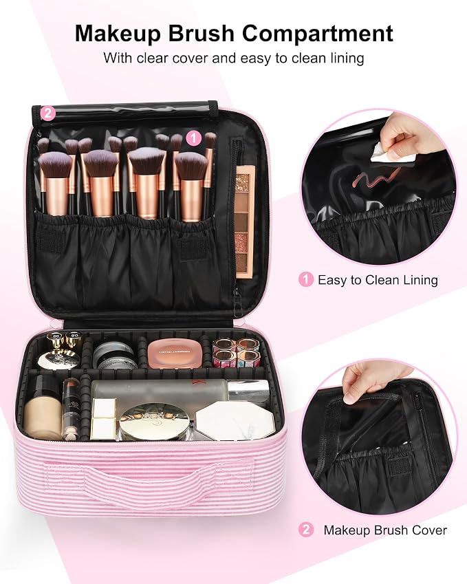 Relavel Travel Makeup Train Case, Portable Cosmetic Case Makeup Organizer, Professional Artist Storage Bag with Adjustable Dividers for Cosmetics Brushes, Birthday Gifts for Girls, Pink Stripe - Image 3