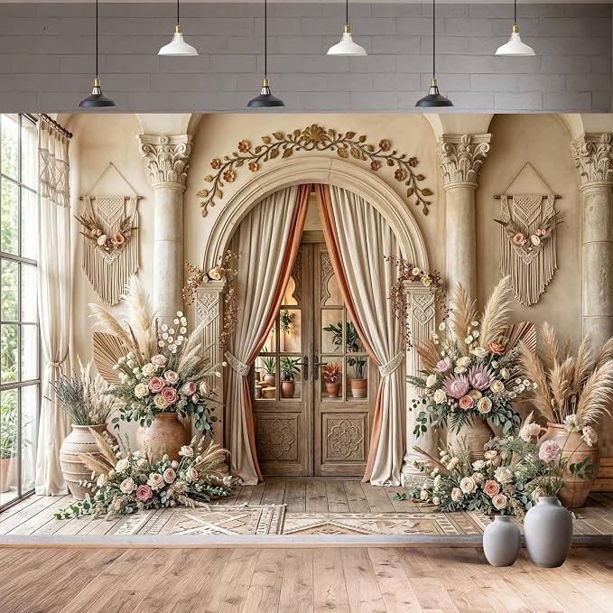 10X6.5ft Boho Floral Wedding Backdrop Retro Elegant Flowers Wall Photography Background Beige Vintage Wedding Bridal Shower Mother's Day Event Party Home Art Decor Portrait Photoshoot Props - Image 3