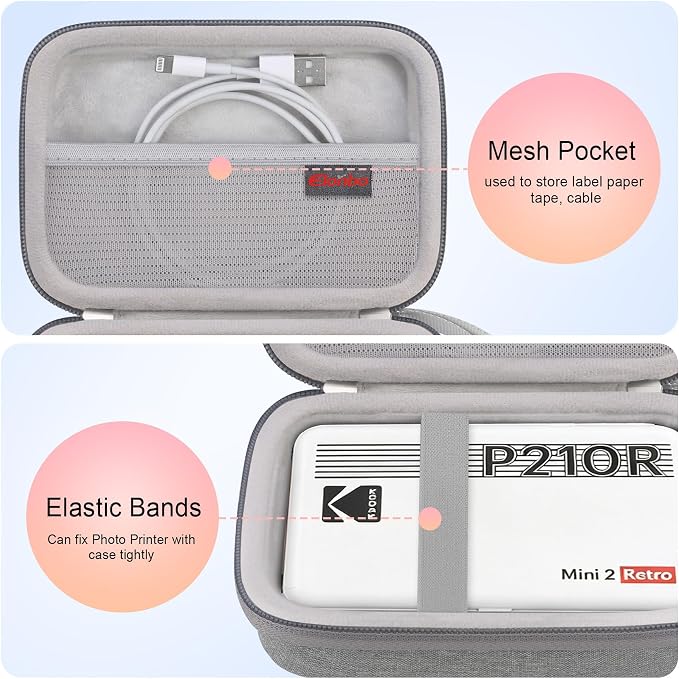 Elonbo Carrying Case for KODAK Mini 2 Retro 2x3 Portable Photo Printer | Bluetooth Smartphone Instant Color Printer Hard Travel Protective Bag, Mesh Pocket fits Cartridge Photo Paper Sheets, Grey - Image 3