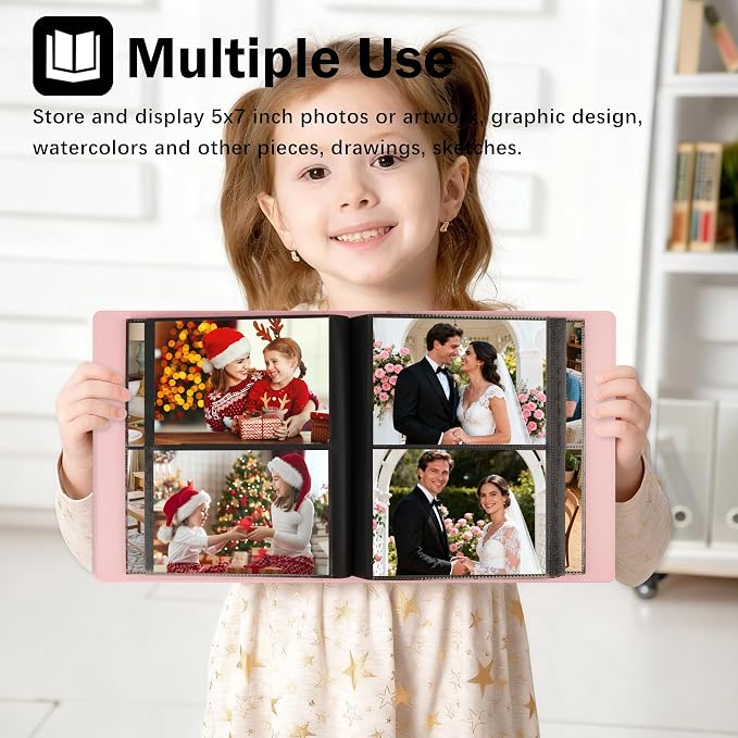 Photo Album 5x7 Holds 272 Pictures Leather Cover 5 x 7 Album Extra Large Capacity Picture Book Acid Free Inner Pages Book for Wedding Family Boys Girls Art Work Photos (Pink） - Image 2