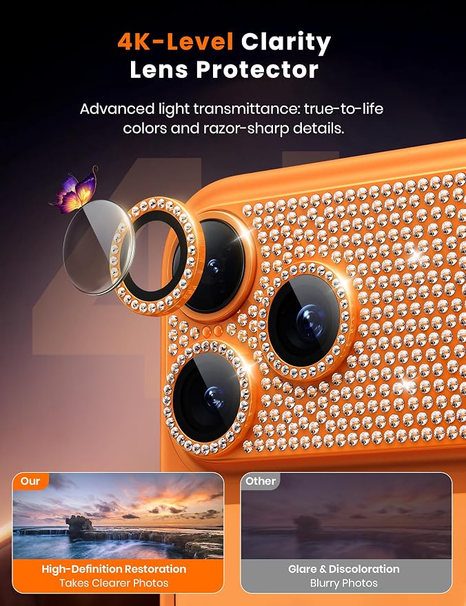 Hoerrye for iPhone 17 Pro Max Camera Lens Protector - Bling Diamond | Military Grade Protection, Keep Lens Original Design, 9H Tempered Glass Camera Cover Screen Protector - Image 7