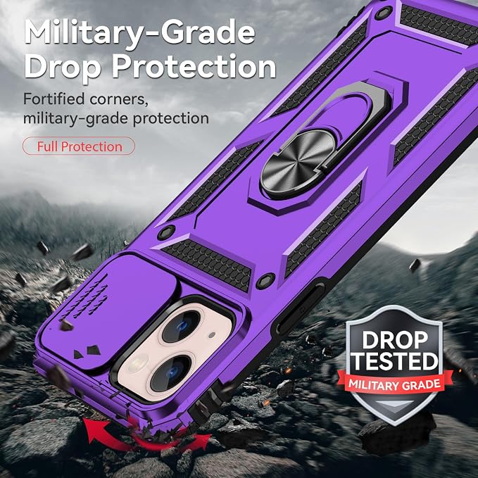HNHYGETE for iPhone 13 Case with HD Screen Protector: [Military Grade 20ft. Drop Tested] Slide Camera Cover Ring Shockproof Protective Phone Case for - iPhone 13 (Purple) - Image 3