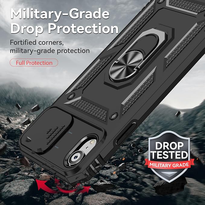 HNHYGETE for iPhone XR Phone Case with HD Screen Protector: [Military Grade 20ft. Drop Tested] Slide Camera Cover Ring Shockproof Protective Phone Case for - iPhone XR (Black) - Image 2