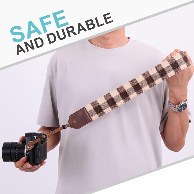 Padwa Lifestyle Camera Strap - 2" Full Grain Leather Ends Camera Straps for Photographers, Unique Vintage Cashmere and Soft Suede Fabric Padded Strap Quick Release fits All Cameras(Beige Coffee Check) - Image 5