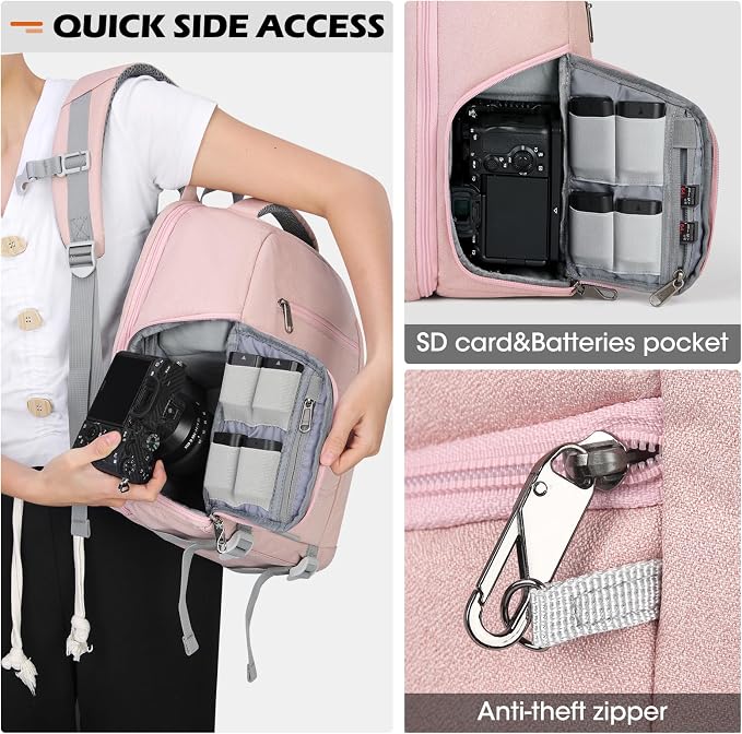 SDYSM Camera Bag Backpack Professional for DSLR SLR Mirrorless Camera | 14 Inch Waterproof Camera Laptop Backpack with Rain Cover Anti Theft Travel Case Large Capacity Photography Backpack, Pink - Image 3