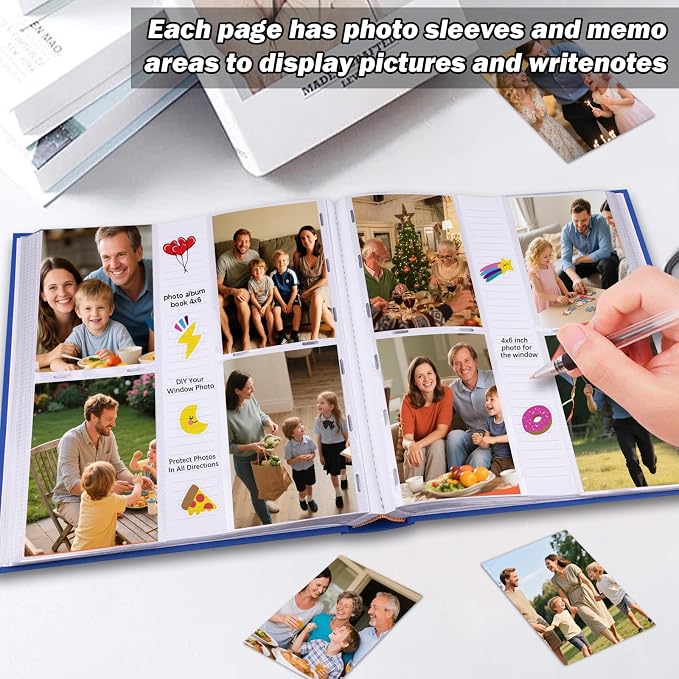 Photo Album 4x6 Vertical 600 Photos with Writing Space, Blue | Linen Cover, Acid-Free Pages, Clear PP Pockets, Memo Writing Space, Front Display Window, Family, Wedding & Travel Memories - Image 4
