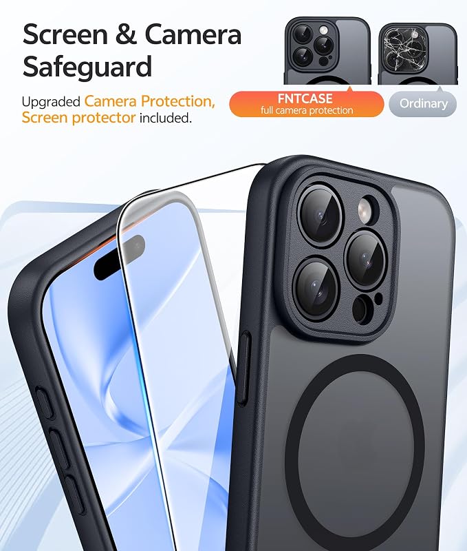FNTCASE for iPhone 15 Pro Max Case, Fit for Magsafe, Glass Screen Protector | Full Camera Protection, Translucent Matte, 14FT Military Grade Drop Proof, Shockproof Protective Phone Cover, Black - Image 4