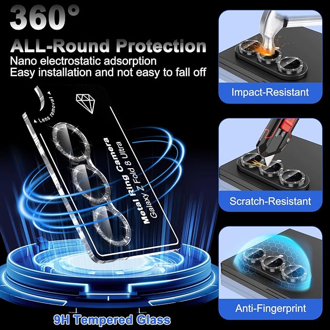 Meshine for Samsung Galaxy Z Fold 8 Ultra Camera Lens Protector,Scratch Proof,Strong Adsorption,9H Hardness with Metal Ring Camera Cover,Case Friendly,Accessories Lens Protector,Glitter Black - Image 3