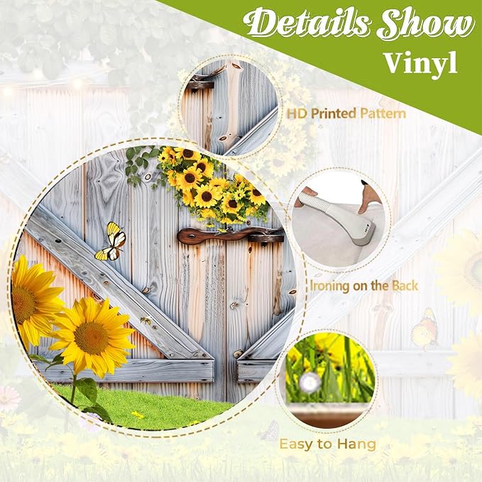 Sunflower Photo Backdrop for Photography, 8x6ft | Vinyl Wall Background for Photoshoot, Yellow Flower, Rustic Barn Wood Door, for Birthday Decorations, Outdoor Party - Image 7