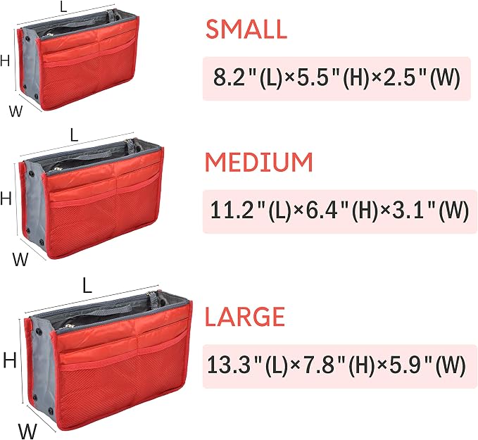 Vercord Purse Organizer Insert for Handbags Bag Organizers Inside Tote Pocketbook Women Nurse Nylon 13 Pockets Red Medium - Image 3