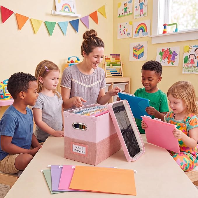 1 Set School Memory Box Organizer, School Keepsake Organizer K-12,Pink | with 15 Hanging File Folders, 4 Labels, 3 Sticker, Mesh-Pocket Lid, for Letter/A4, Report Cards, Photos, Awards, File Keeper - Image 5