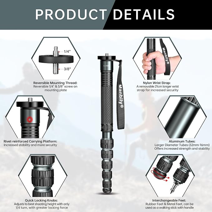 A-666L Camera Monopod - 32mm Aluminum Tube With Walking Stick Handle for DSLR Cameras Canon Sony Nikon - 69" Travel Monopod, 33 lbs/15kg Payload - Image 4