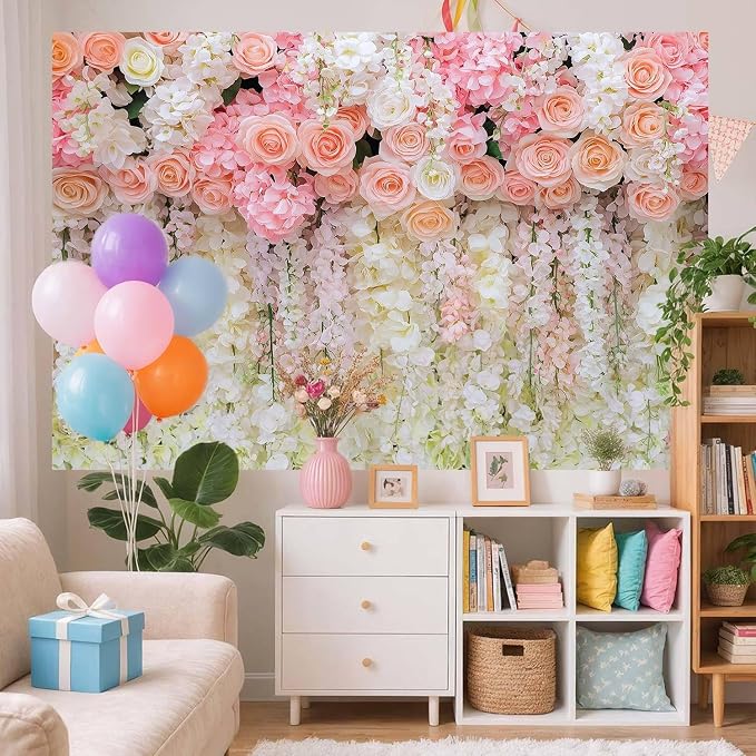 10x8ft Pink Rose Flower Wedding Photography Backdrop Spring Floral Photography Backdrop Valentine's Day Mother's Day Girl Birthday Baby Shower Wedding Bridal Party Banner Photo Booth Props Background - Image 3