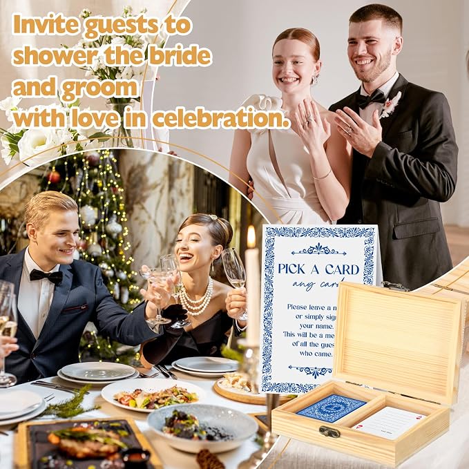 AceOrbit 57 Pack Blue Wedding Guest Book Playing Cards Set with Wooden Box | Navy Blue Wedding Signing Guestbook Alternative Personalized Blank Deck of Cards for Guest Reception Vegas Bridal Shower Game - Image 4