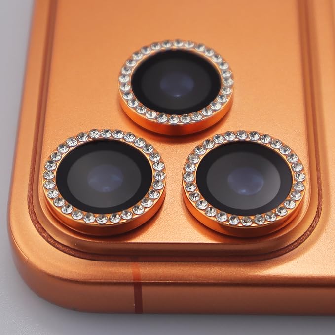 BONVAN for iPhone 17 Pro / 17 Pro Max Camera Lens Protector Bling Glitter Diamond Metal Crystal Tempered Glass Screen Accessories Rhinestones Lens Cover for iPhone 17 Pro/Pro Max (Orange) - Image 5
