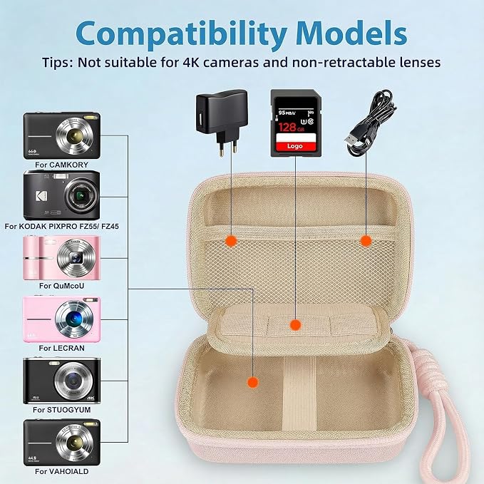 Digital Camera Case for CAMKORY/KODAK PIXPRO FZ45/FZ55/Canon IXUS 285 HS/AbergBest/Sony DSCW800/DSCW830 - Small Travel Compact Camera Holder with Mesh Pocket for SD Card & Accessories (Light Pink) - Image 3