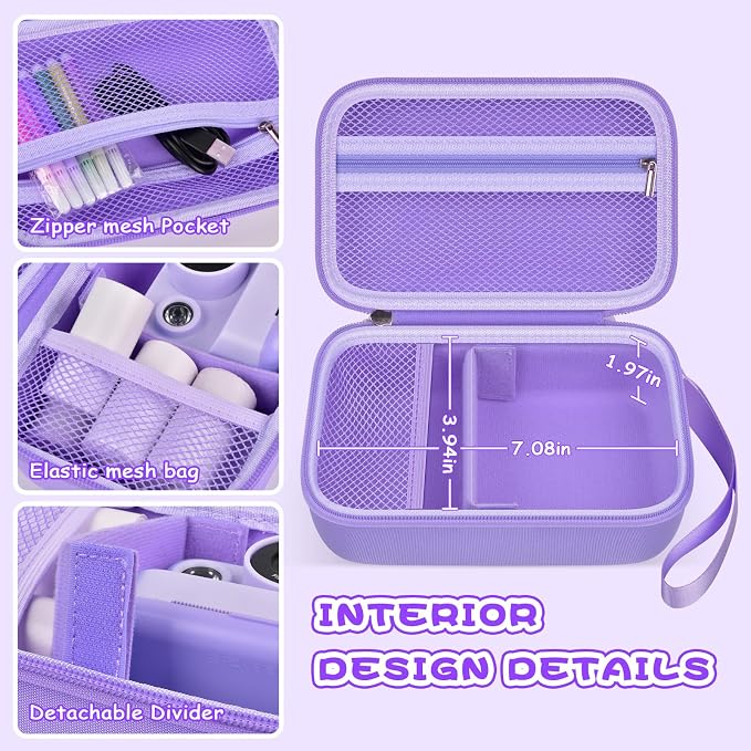 Boobowl Kids Instant Print Camera Case for Dylanto, for Gofunly Cameras | 3 Included Paper Rolls, Adjustable Divider, Mesh Pocket and Shoulder Strap for Kid Travel, Photo Storage, Box Only - Purple - Image 3