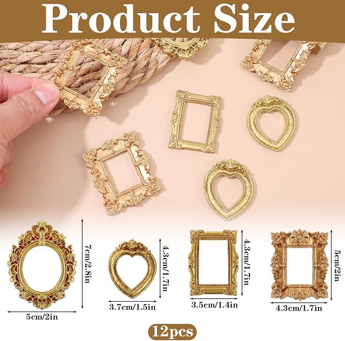 Miniature Dollhouse Mirror & Picture Frames Set 12 PCS Vintage Gold Resin Mini Frames with Carved Details for Wall Hanging Desktop Display Jewelry Showcase DIY Crafts 1/12 Scale Dollhouse Décor - Image 2
