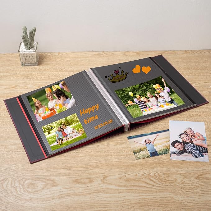 Large Photo Album Self Adhesive 4x6 8x10 10x12 13"x12.6" Scrapbook Album 12.6"x11" Inch 60 Black Sticky Pages Linen Cover Magnetic Photo Album with A Metallic Pen and DIY Stickers(Purple) - Image 2