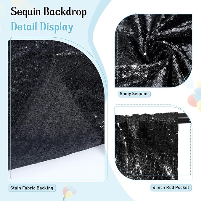 SquarePie 10x10ft Black Sequin Backdrop, High Density Non-Transparent Glitter Curtain for Photography, Birthday, Wedding Party Decorations, Thick Solid Background with 4" Rod Pocket, 1 Panel - Image 6