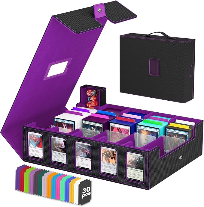 5 Row Trading Card Storage Box, Fit 4200+ Sleeveless Cards, Black & Purple | Large Capacity, Portable Handle, Include 30 Divider, 8 Supporters, 1 Dice Tray, Compatible for MTG/TCG/Magic Sports Cards by Gomyrod