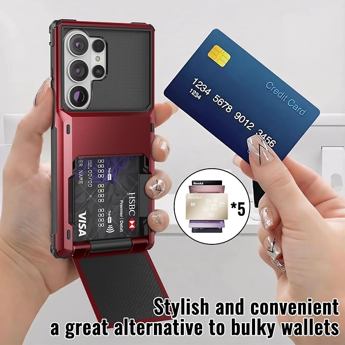 Foluu Wallet Case for Samsung Galaxy S26 Ultra with Card Holder, 5 Credit Hidden Card Slot Flip Cover Dual Layer Protective Hard PC Back & Soft TPU Bumper Case for Galaxy S26 Ultra 2026 (Red) - Image 4