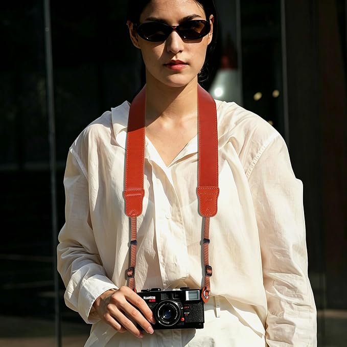 Padwa Lifestyle Orange Brown Leather Camera Strap - 1.5" Soft Full Grain Cowhide Camera Straps for Photographers, Soft Suede Fabric Padded Leather Strap with Quick Release fits All Cameras - Image 2