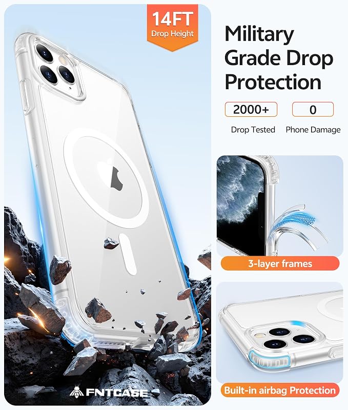 FNTCASE for iPhone 11 Pro Case, Fit for Magsafe, Clear Anti Yellowing | Magnetic Phone Cases, 14FT Military Grade Drop Protection, Slim Shockproof Protective Cover, Transparent - Image 5
