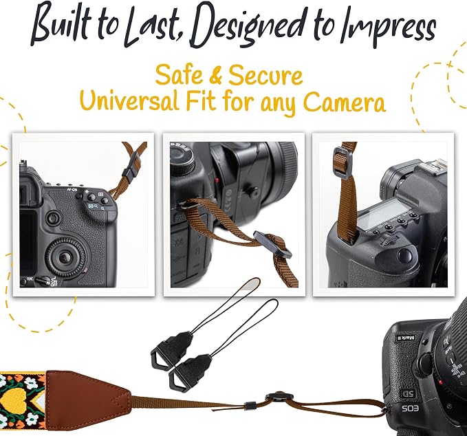 Art Tribute Camera Strap - Shoulder, Crossbody & Neck Camera Strap for Photographers, Fits All Cameras, Canon Nikon Sony Fujifilm, Padded Strap W/Quick Release, Embroidered Cotton & Leather Ends - Image 7