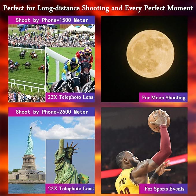 Phone Camera Lens Kit 10 in 1 for iPhone Samsung Pixel Android, 22X Telephoto Lens, 0.62X Super Wide Angle Lens&25X Macro Lens, 235° Fisheye,Kaleidoscopes, Starlight，Tripod，for Most Smartphone Black - Image 5