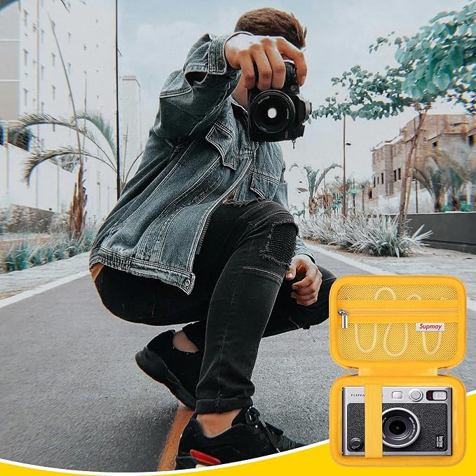 Carrying Case Compatible with Fujifilm Instax Mini EVO Instant Camera, INSTAX MINI EVO Camera Storage Holder Travel Bag with Mesh Pocket for Photos, USB Cables, Film, Yellow - Image 7