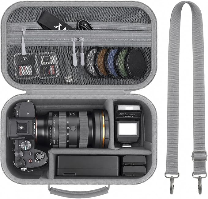 Camera Case for Canon EOS Rebel T7/R50/R100/for Sony a7iv/Mirrorless | EVA hard shell, Oxford fabric, 4 adjustable dividers and 3 mesh pockets for camera travel and home storage-Grey (Case Only) by Grapsa