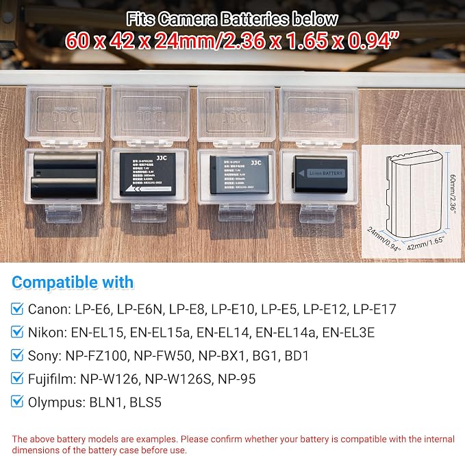 4-Pack JJC Compatible Camera Battery Case for Canon LP-E6N LP-E8 LP-E12 LP-E17 for Nikon EN-EL15 EN-EL14A for Sony NP-FZ100 NP-FW50 NP-FM500H NP-BX1 for Fujifilm NP-W126S NP-95 for Olympus BLN-1 BLS-5 - Image 2