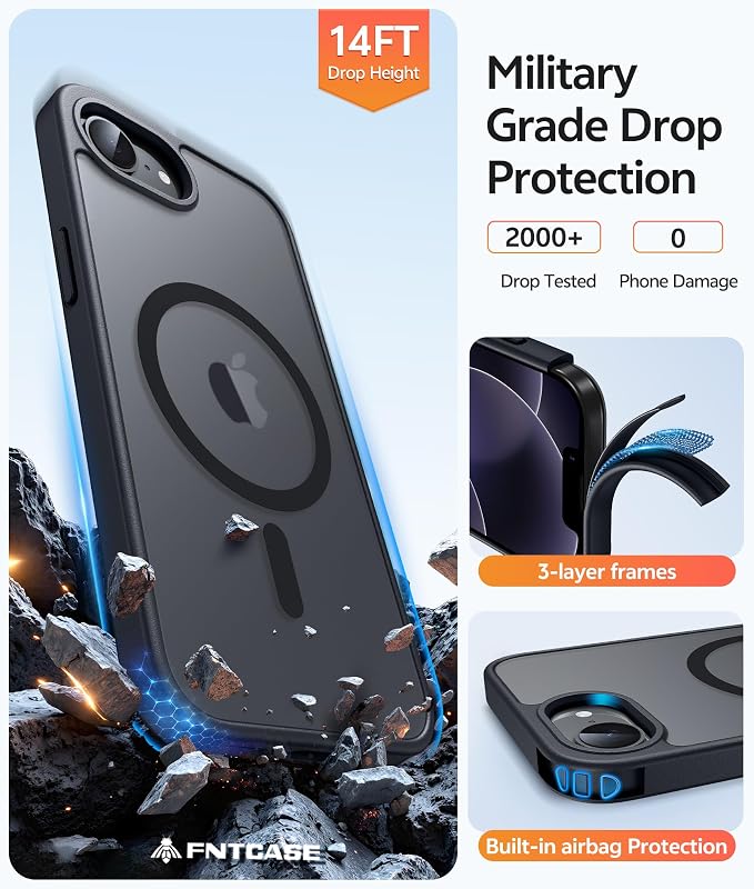 FNTCASE for iPhone 17e/ iPhone 16e Case, Fit for Magsafe, Screen Protector | Translucent Matte Magnetic Back, 14FT Military Grade Drop Protection, Shockproof Protective Phone Cover, Black - Image 5