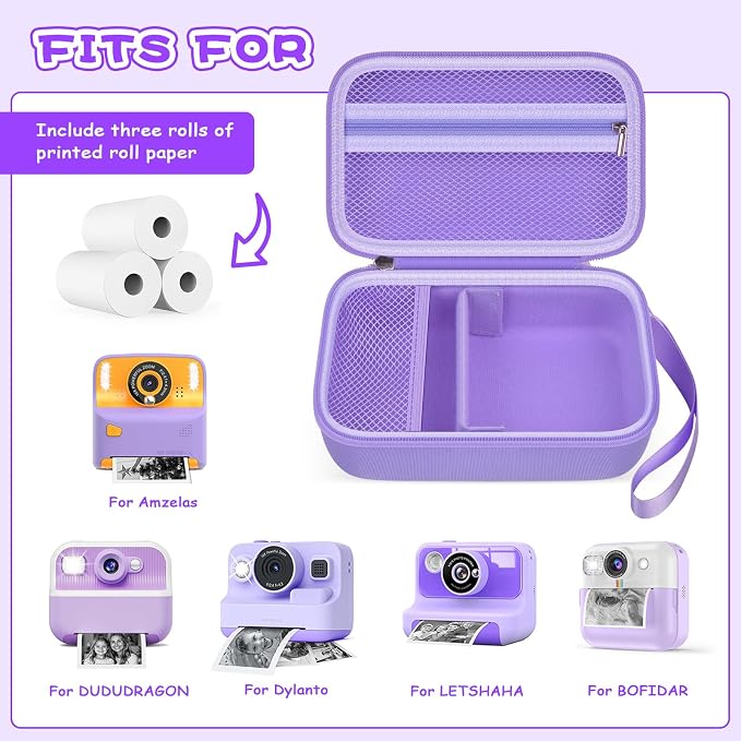 Boobowl Kids Instant Print Camera Case for Dylanto, for Gofunly Cameras | 3 Included Paper Rolls, Adjustable Divider, Mesh Pocket and Shoulder Strap for Kid Travel, Photo Storage, Box Only - Purple - Image 2