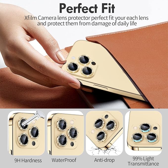 for iPhone 14 Pro/14 Pro Max Camera Lens Protector Glitter, Gold | Individual Metal, 9H Hardness, Scratch Resistant, Shockproof, Drop Protection, Case Friendly, Stylish Accessories - Image 3