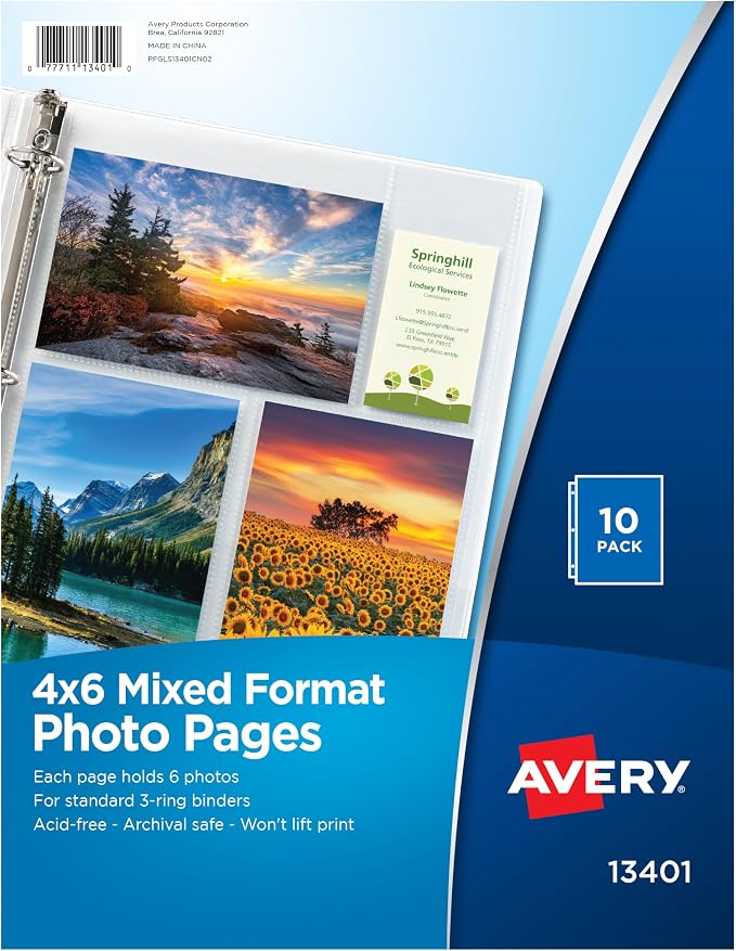 Avery Clear Mixed Format Photo Pages for 3 Ring Binder, Acid Free, Holds 4" x 6" Photos, 10 Photo Protectors (13401) by Avery