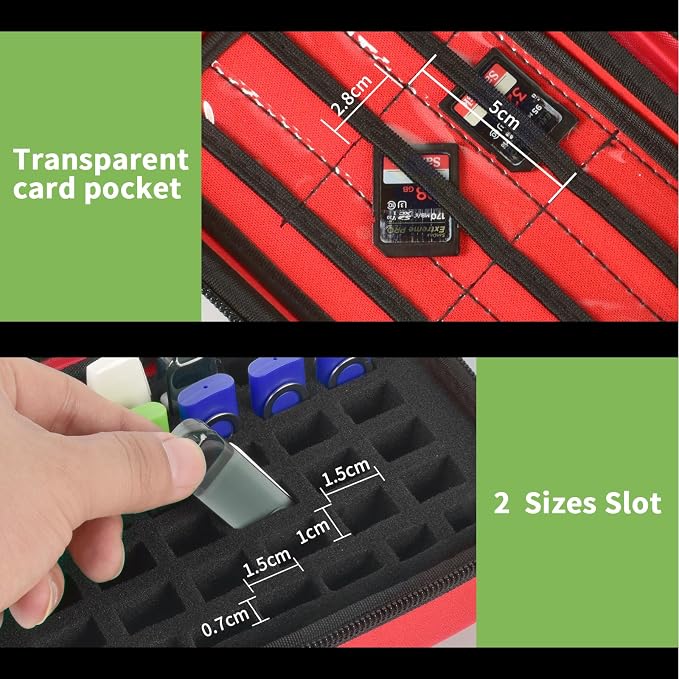 ALKOO USB Flash Drive Case with SD Card/Memory Stick/Thumb Drives Storage | for SanDisk/for Samsung, Removable Foam, 9 Card Pockets, for IT Admins, Photographers, Film Crews, Studios, Travel, Red - Image 3