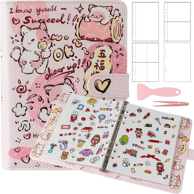 Reusable Sticker Book Collecting,A5 Binder Album Storage Organizer with Blank Release Paper and Pocket for Adult Kids,Cartoon Leather Binder Cover & Magnetic Buckle Closure(Pink) by BUYNOW