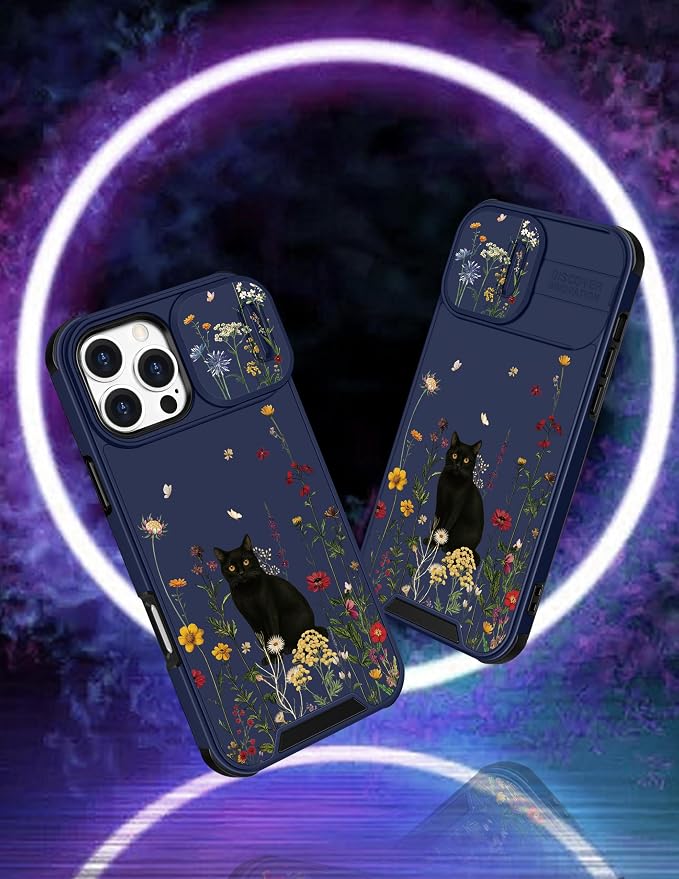 for iPhone 16 Pro Case - Women Cute Phone Cover Girly Pretty Fancy Unique Aesthetic Design Slide Camera Cover Protective Case for Apple for iPhone 16 Pro,Black Cat - Image 4