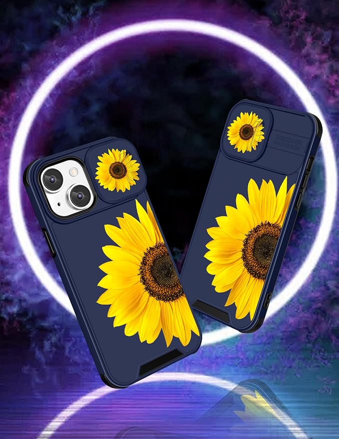 Case for iPhone 12 6.1'' Unique Blue Phone Cover | 2in1, Sunflower Floral, for Women Girls, Girly, Cute Flowers Design, with Slide Camera Cover, Protective, Cases, for iPhone12 - Image 4