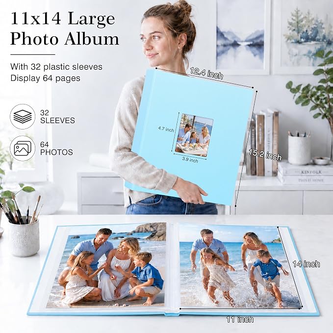 Aevdor 11x14 Photo Album and Art Portfolio, 64 Photos, Linen Cover, Blue | Front Display Window, Clear 11x14 Sleeves for Oversized Prints, Certificates, Artwork & Drawings - Image 3