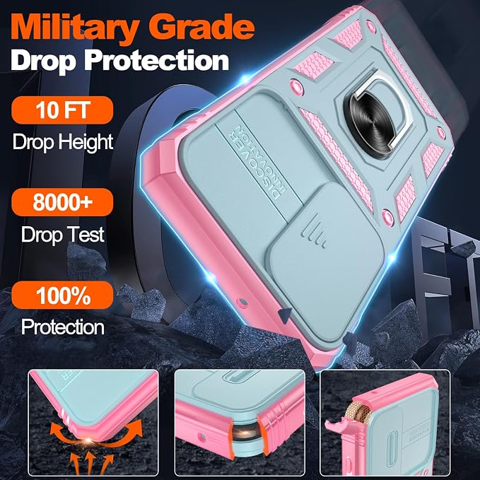 Gritup for Samsung Galaxy S22 Case with Slide Camera Cover & Screen Protector*2, 360 Rotating Ring Kickstand, Military Grade Protective Case for S22 Phone, Green+Pink - Image 3