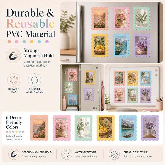 12 Pack 4x6'' Pastel Scalloped Magnetic Picture Frames | Wavy Edge Magnet Photo Borders for Refrigerator Locker Classroom Office Decor - Open Face Aesthetic Home Accessories - Image 3