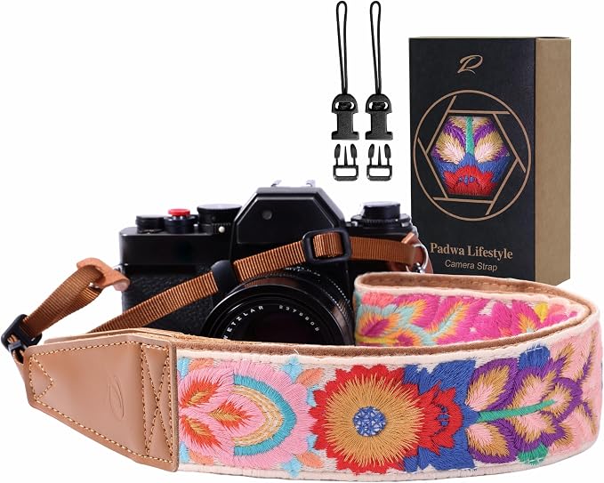 Padwa Lifestyle Colorful Knit Camera Strap - 2" Full Grain Leather Ends Camera Straps for Photographers, Vintage Embroidered Cotton Soft Suede Fabric Padded Strap Quick Release fits All Cameras by PadwaLifestyleCameraStrap