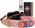 Padwa Lifestyle Colorful Knit Camera Strap - 2" Full Grain Leather Ends Camera Straps for Photographers, Vintage Embroidered Cotton Soft Suede Fabric Padded Strap Quick Release fits All Cameras by PadwaLifestyleCameraStrap