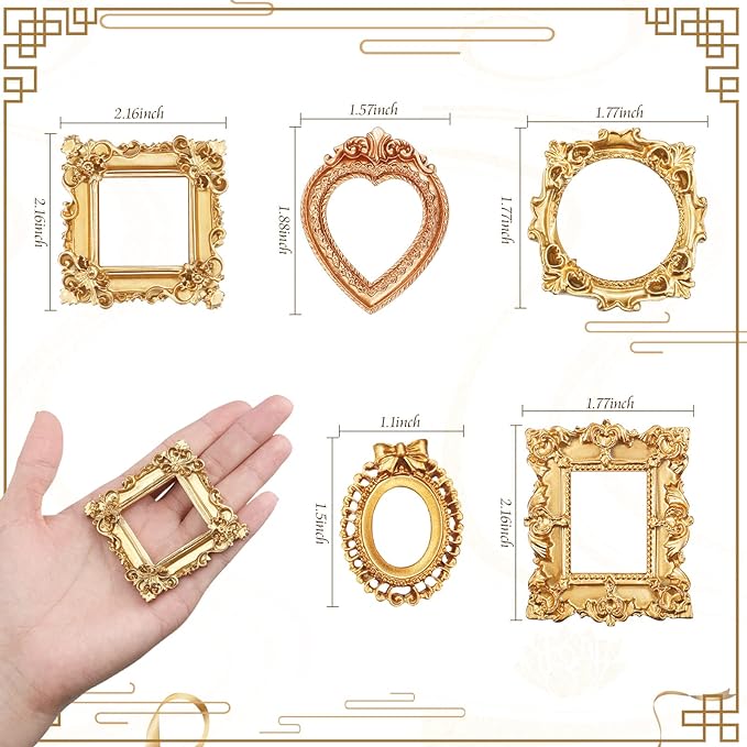 Vicenpal 50 Pcs Gold Mini Vintage Picture Frames Bulk | Small Vintage Photo Frames, Antique, Resin, Baroque, Ornate, Cute Wallet Size, for DIY Jewelry Gifts Christmas Wedding Decor - Image 3