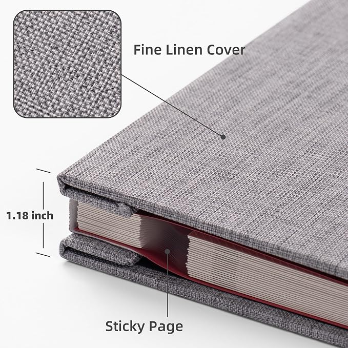 HoneyTolly Large Photo Album Self Adhesive, DIY Scrapbook Album for 4x6 8x10 10x12 Pictures, 60 Pages Linen Cover Memory Book, Ideal Gift for Family Wedding Baby Christmas Anniversary(Grey) - Image 6