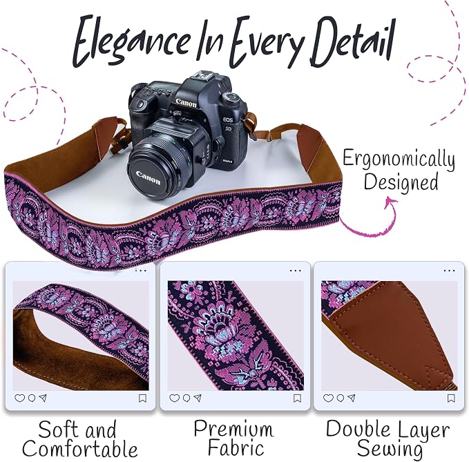 Art Tribute Camera Strap - Shoulder, Crossbody & Neck Camera Strap for Photographers, Fits All Cameras, Canon Nikon Sony Fujifilm, Padded Strap W/Quick Release, Embroidered Cotton & Leather Ends - Image 3